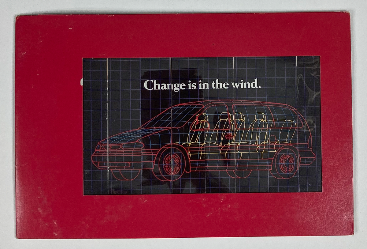 1995 Change is in the Wind Dealer Showroom Sales Brochure featuring an illustration of a minivan, highlighting its spacious interior and modern design. Perfect for collectors and automotive enthusiasts.