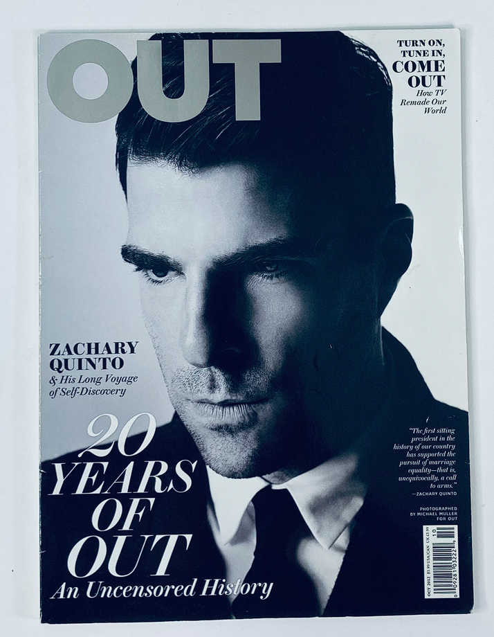 Out Magazine October 2012 cover featuring Zachary Quinto, highlighting his journey of self-discovery and LGBTQ representation in media.