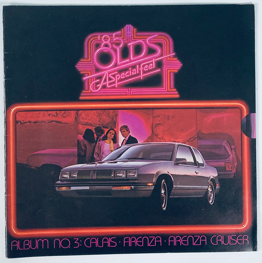 1985 Oldsmobile Album #3 Firenza Dealer Showroom Sales Brochure Guide Catalog featuring a classic car in front of a vibrant background, highlighting the stylish Firenza model.