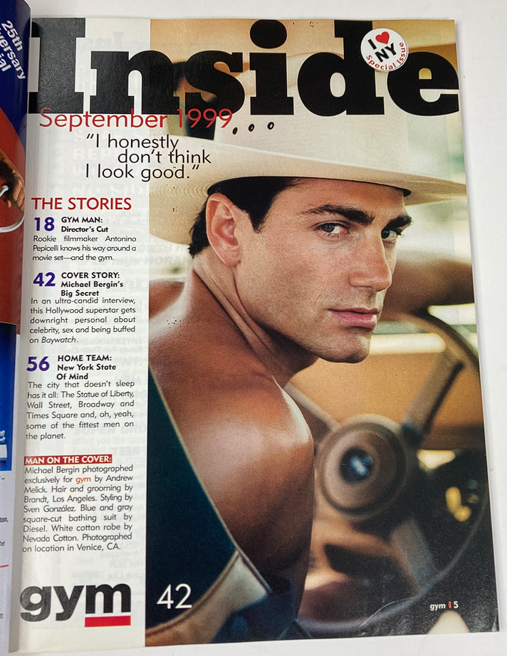 Inside page from Gym for the Physical Man Magazine, September 1999 issue featuring a handsome man with dark hair wearing a wide-brimmed hat, highlighting articles including 'Michael Bergin's Big Secret' and other fitness-related stories.