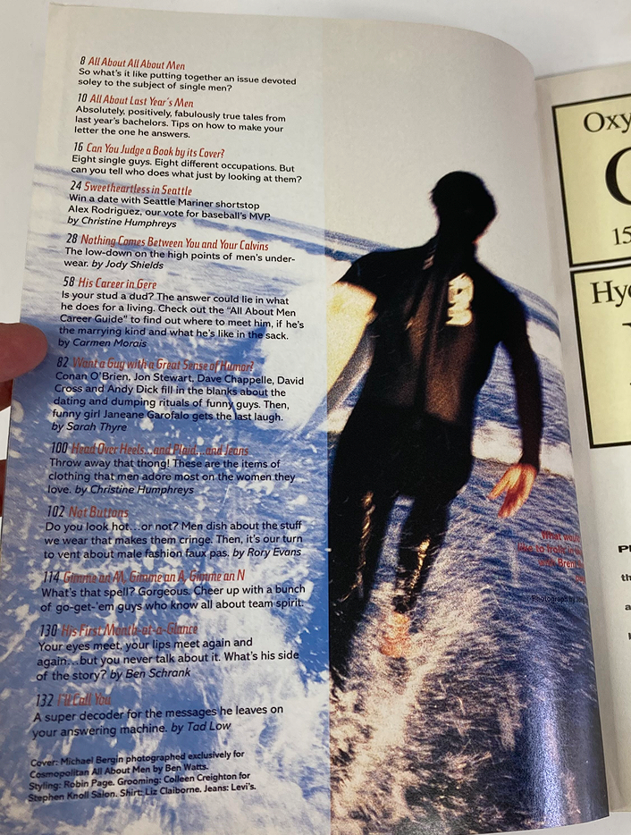 Inside page of Cosmopolitan Magazine 1997 detailing content such as 'All About Men' and articles discussing contemporary dating, careers, and lifestyle from the late 90s.