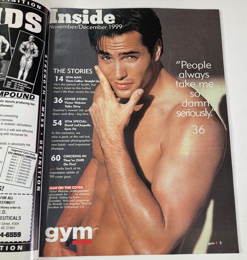 Inside page of Gym Magazine November 1999 featuring Victor Webster discussing his fitness journey, highlighting the magazine's focus on health and nutrition.