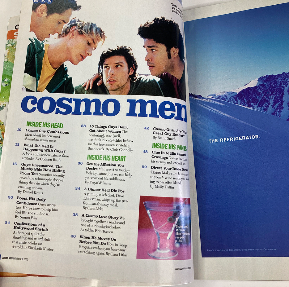 Interior page of Cosmopolitan Magazine November 2005, featuring a segment titled 'Cosmo Men', with articles discussing male behavior and relationships.