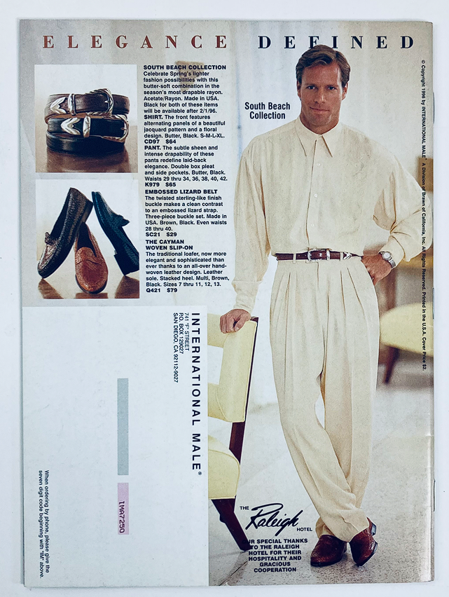 1996 International Male Magazine Catalog featuring a page showcasing the South Beach Collection with elegant menswear styles including a model in a dressy outfit and various accessories like shoes and belts.