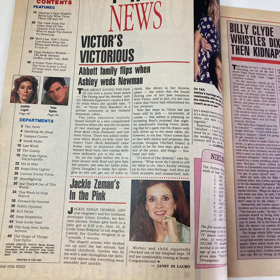 Interior page of Soap Opera Weekly Magazine, October 9, 1990, Vol 1 #47 displaying articles and news about soap opera events, featuring content on Victor Newman and other characters from popular soap operas of the early 90s.