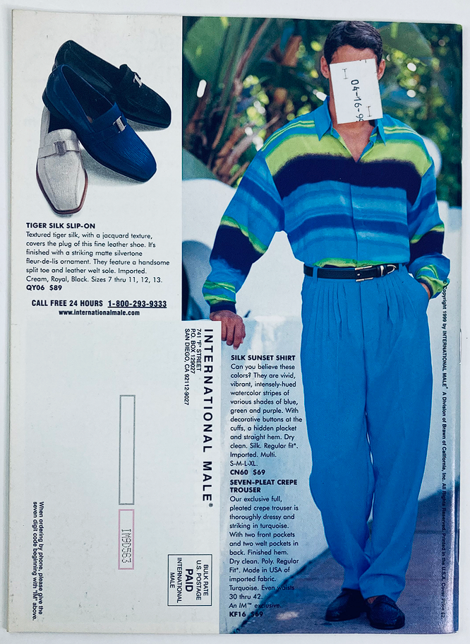 Back cover of the 1999 Summer Fashion Preview International Male Magazine Catalog displaying vibrant men's clothing items, showcasing styles from the late 90s fashion era.