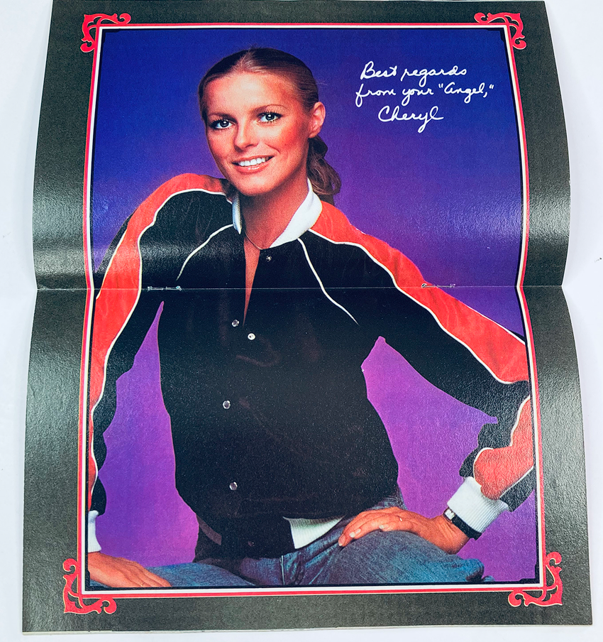 VTG SuperMag Magazine Vol 4 No. 2 mini-poster featuring Cheryl Ladd, with a vibrant purple background and a caption saying 'Best regards from your "Angel," Cheryl.' Perfect collectible for vintage magazine enthusiasts.