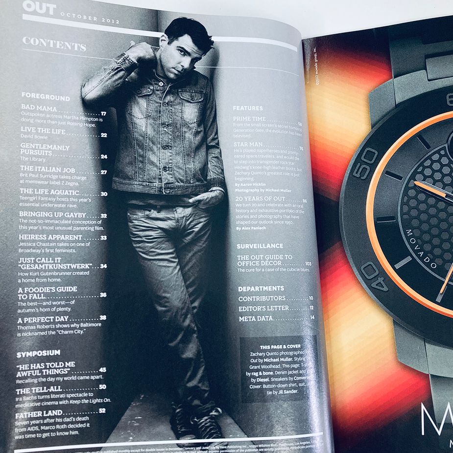 Contents page of Out Magazine October 2012, showcasing articles including Zachary Quinto's feature and other cultural insights.
