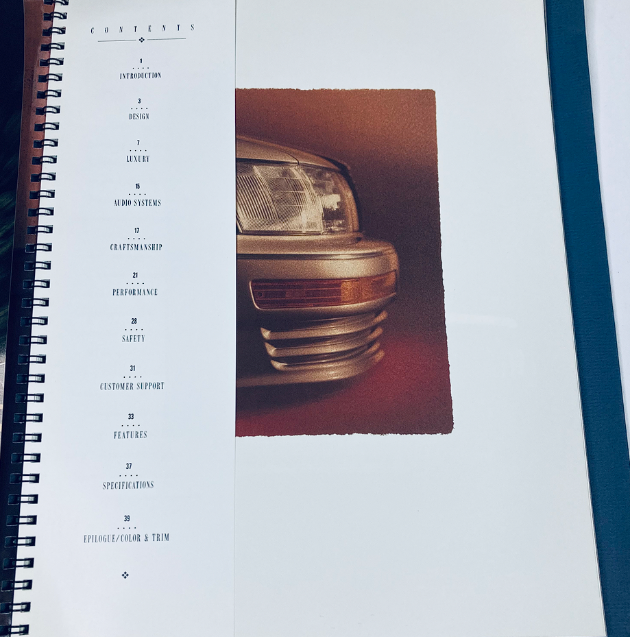 Contents page of the 1993 Lexus LS 400 Lineup Dealer Showroom Sales Brochure outlining sections on design, luxury, and specifications.