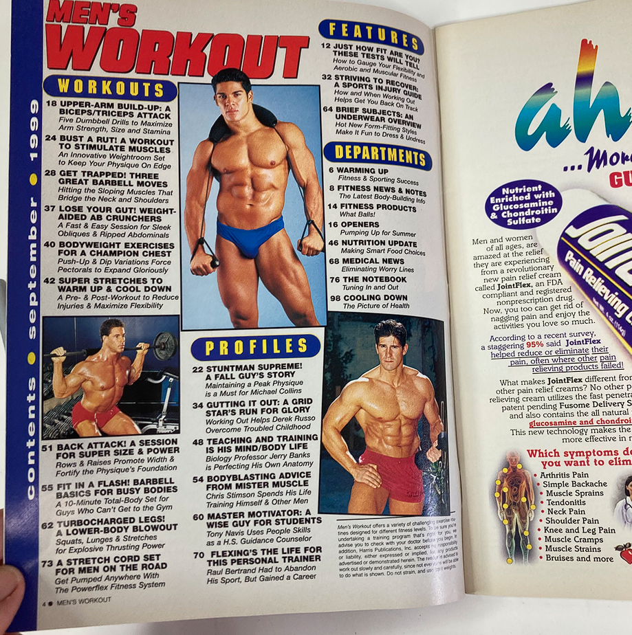 Inside page of Men's Workout Magazine September 1999, showcasing the table of contents, with featured workouts and profiles, highlighting Back Attack and various fitness routines.