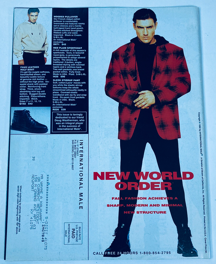 Back cover of 1992 Special Pre-Season International Male Magazine Catalog displaying modern men's fashion styles and advertising features.
