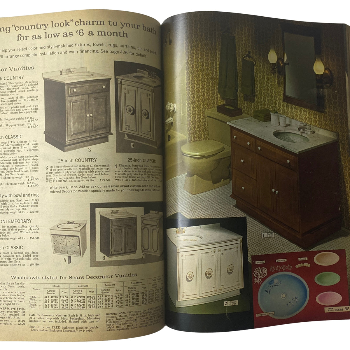 1966 Sears Everything for Spring Through Summer Catalog presenting bathroom vanity options including styles and pricing, illustrating mid-century American design.