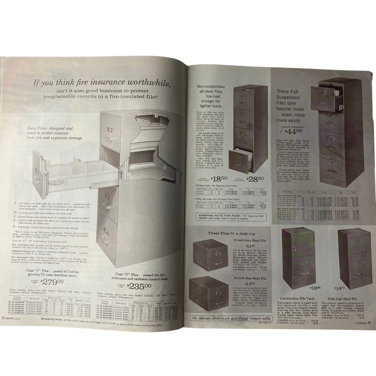 Another interior page from the 1966 Sears Business Equipment and Supply Catalog displaying filing cabinets, fire-resistant file storage options, and pricing for essential business equipment.