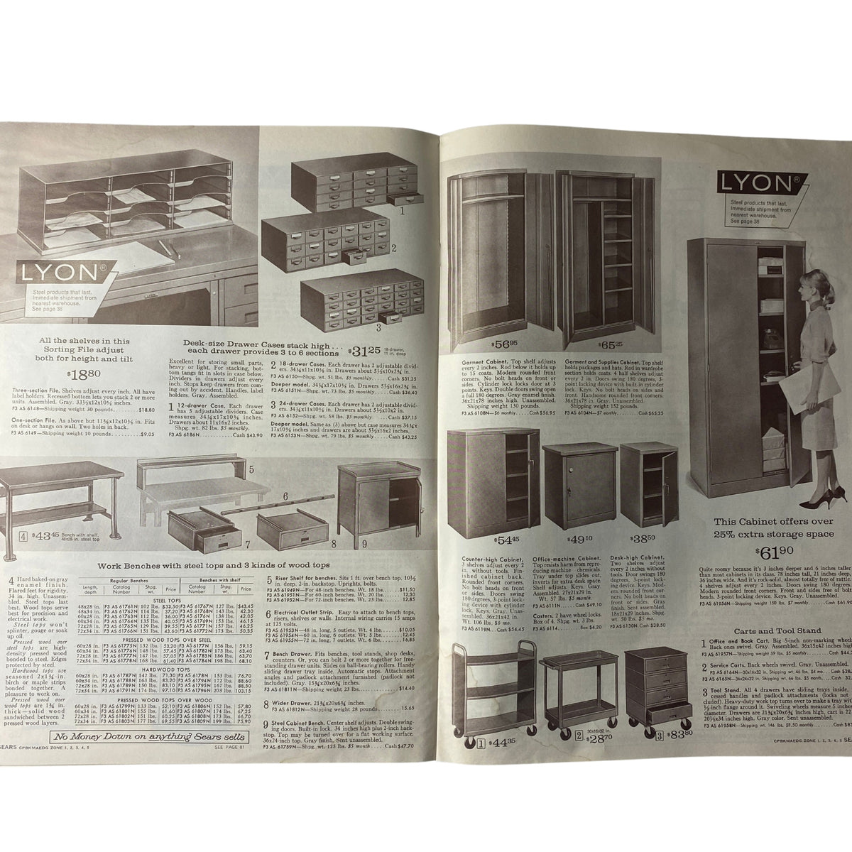 1966 Sears Business Equipment and Supply Catalog page featuring various office furniture and storage solutions including desks, filing cabinets, and shelves.