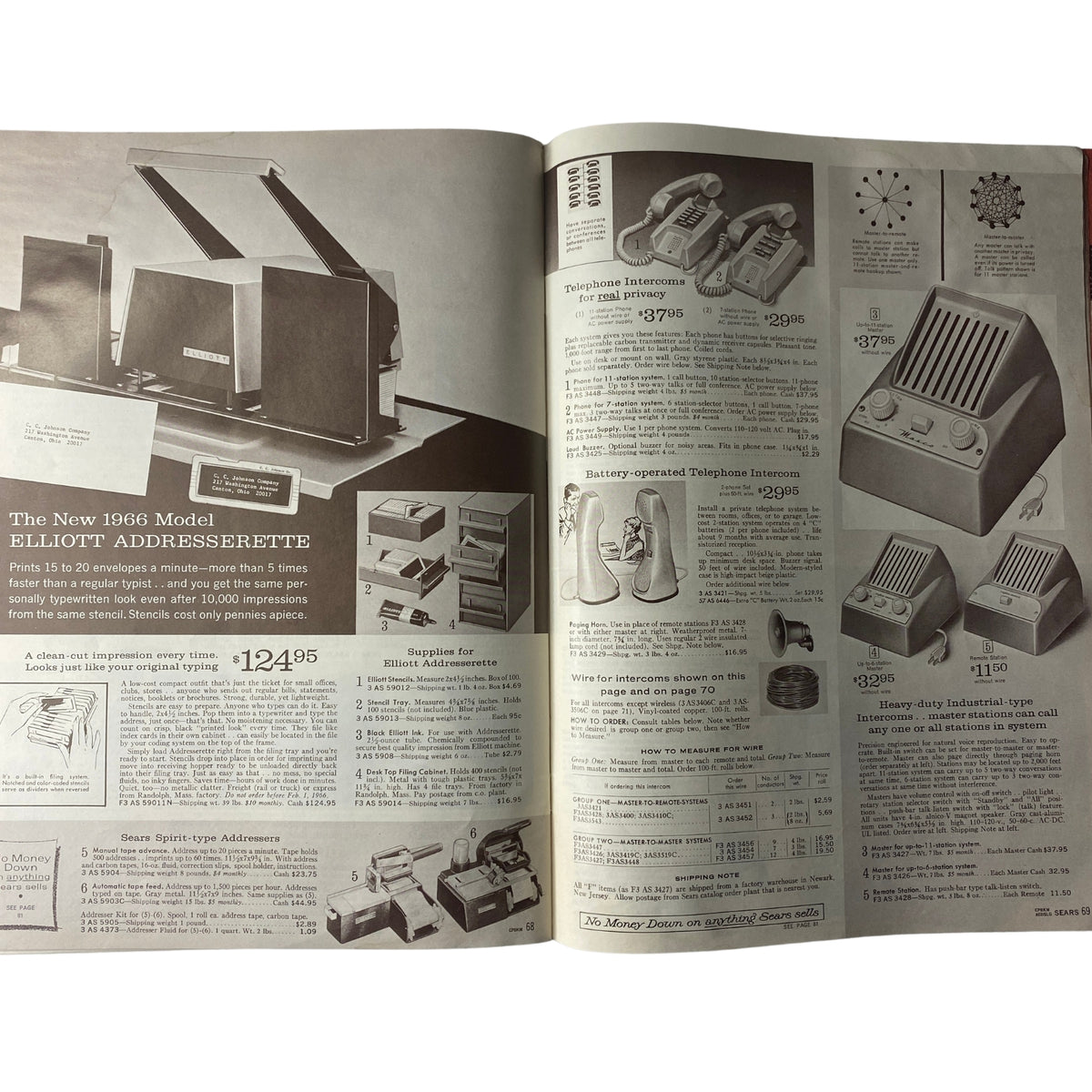 1966 Sears Business Equipment and Supply Catalog page showcasing the 1966 model Elliott Addressorette and telephone intercom systems for office use.
