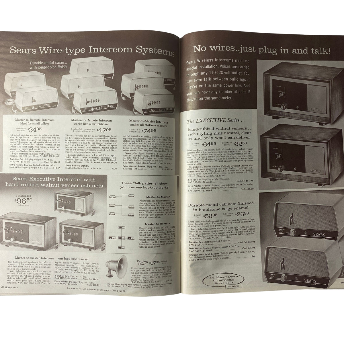 1966 Sears Business Equipment and Supply Catalog page displaying a variety of intercom systems and the Executive series intercoms with wooden finishes.