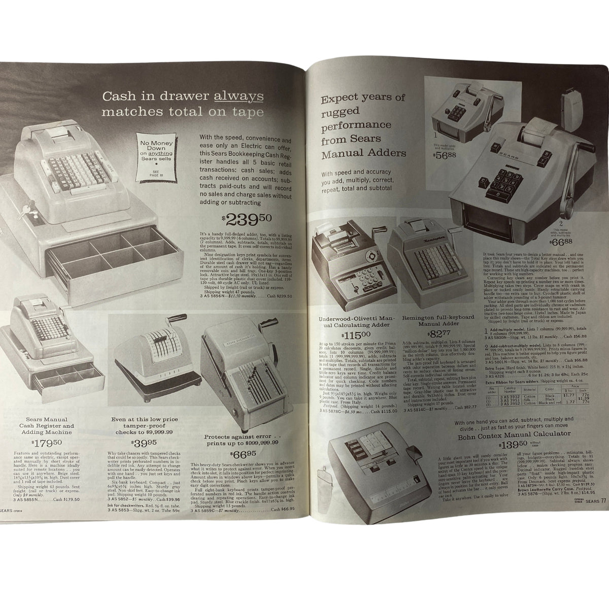 1966 Sears Business Equipment and Supply Catalog page presenting cash registers and manual calculators designed for efficient office transactions.