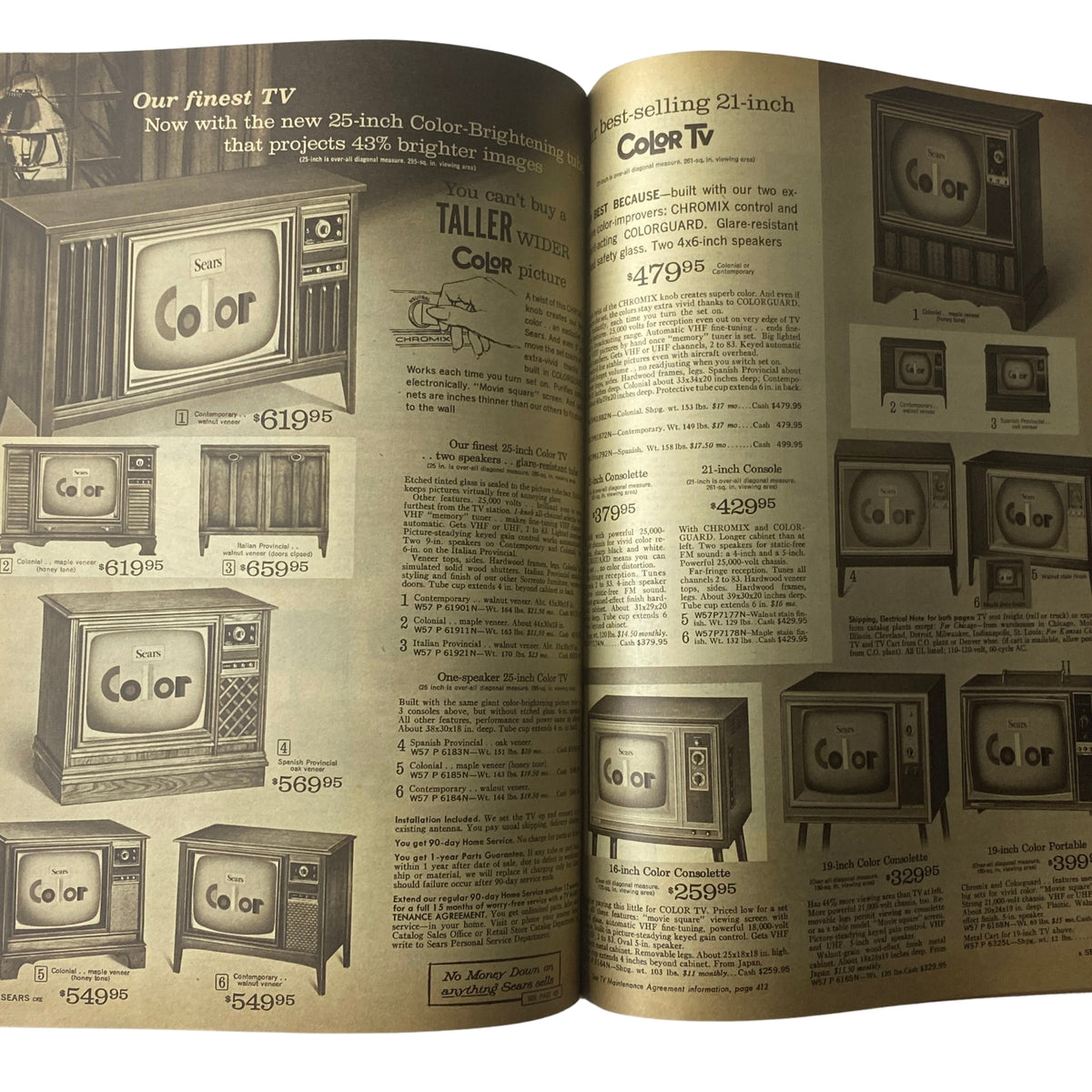 1966 Sears Everything for Spring Through Summer Catalog showcasing various color televisions including 25-inch and 21-inch models, featuring pricing and descriptions of the televisions' features.