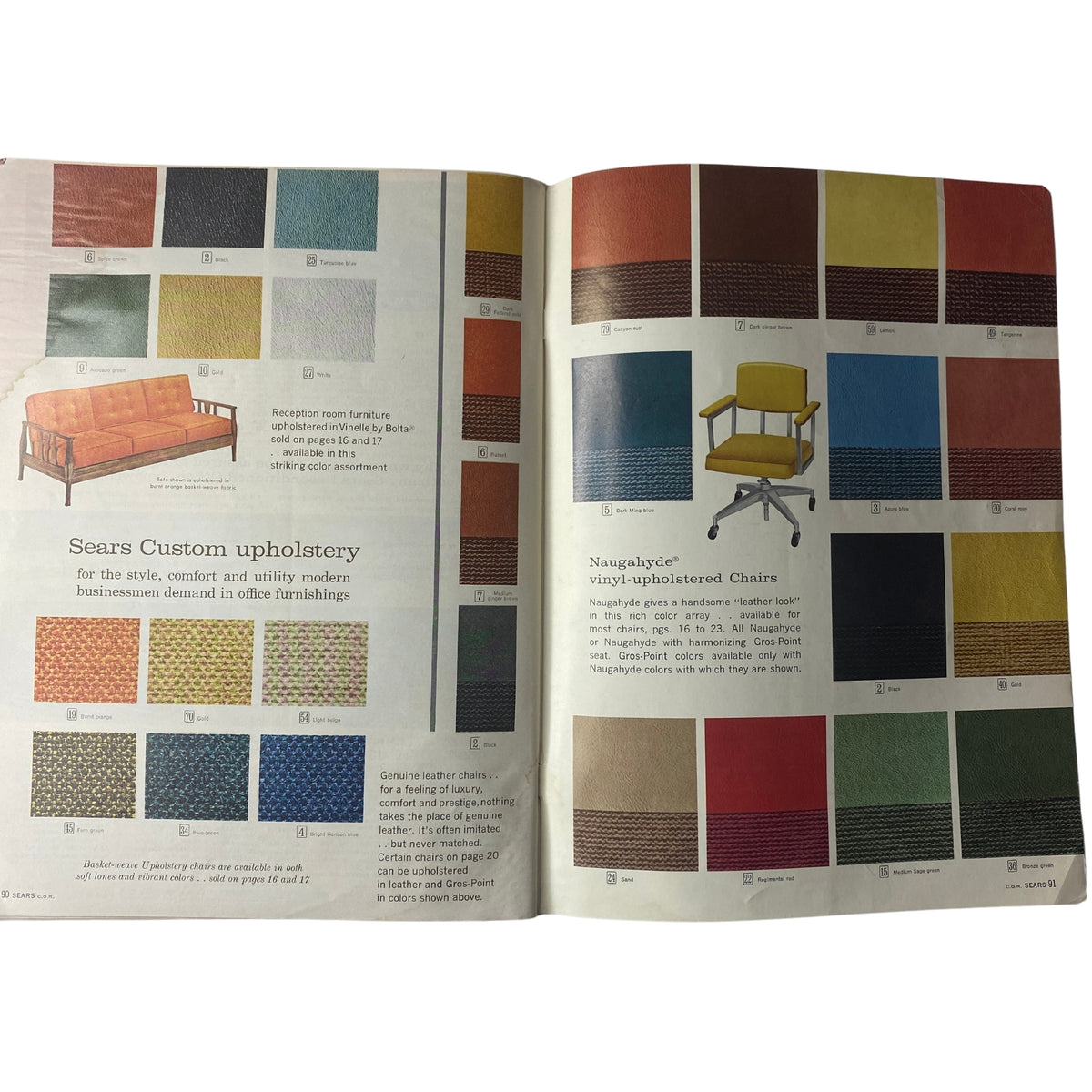 1966 Sears Business Equipment and Supply Catalog page illustrating upholstery options for office furniture including colors and styles for chairs and couches.