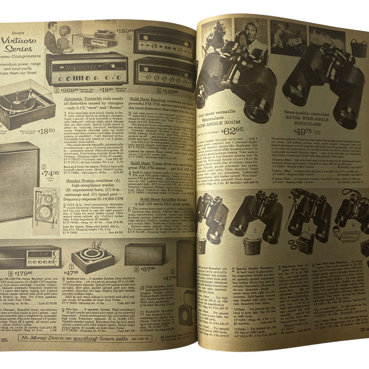 1966 Sears Everything for Spring Through Summer Catalog featuring audio equipment and binoculars from the Sears Virtuoso Series, with detailed descriptions and pricing for each item.