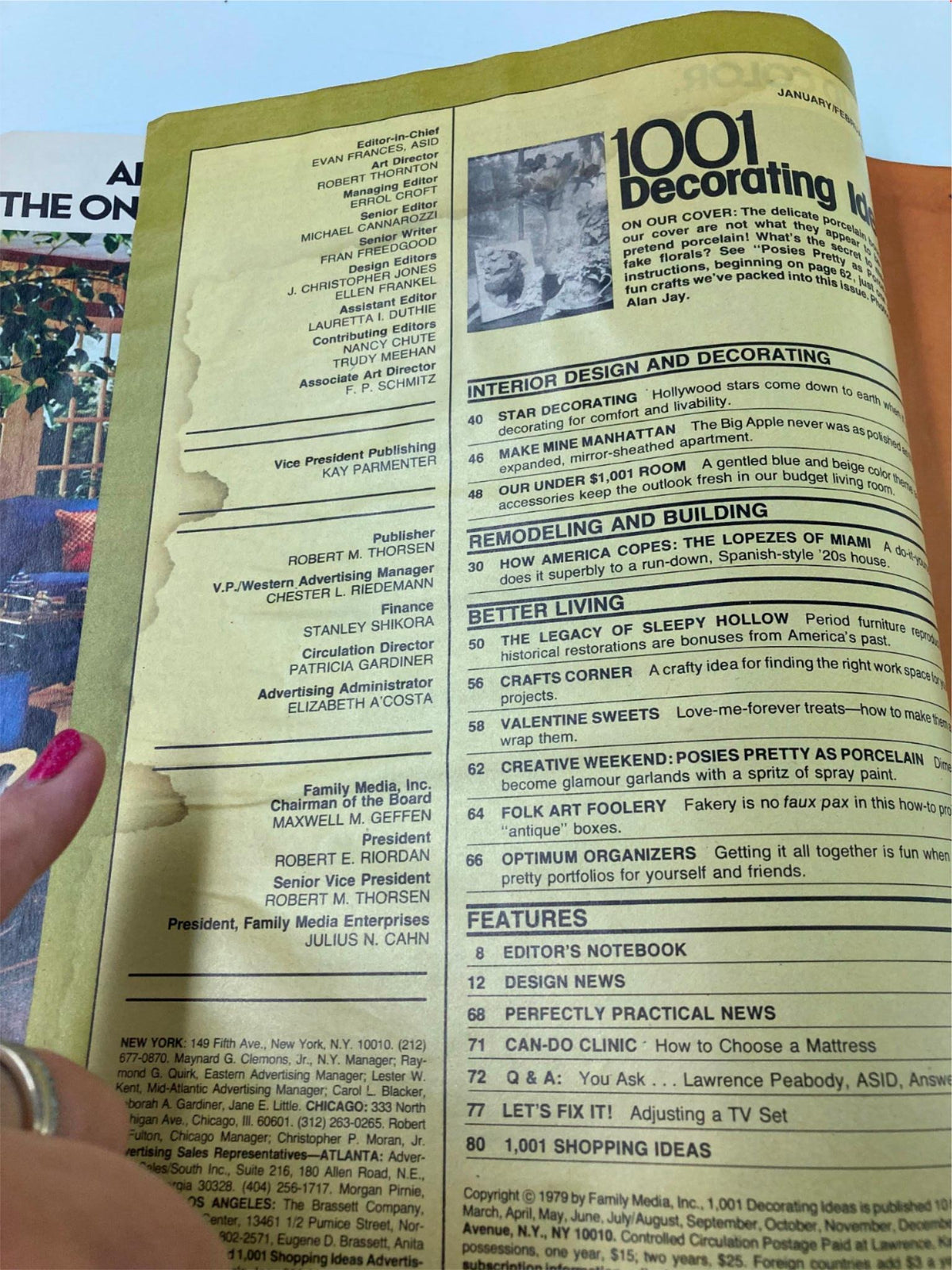 Interior page of VTG 1001 Decorating Ideas Magazine February 1980, showcasing editorial team information and features about decorating and home improvement tips from the 1980s.