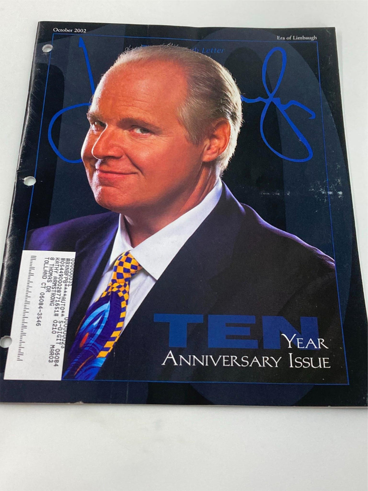 Cover of the Rush Limbaugh Letters Newsletter Magazine - October 2002 Ten Year Anniversary, featuring a portrait of Rush Limbaugh with signature and colorful tie.