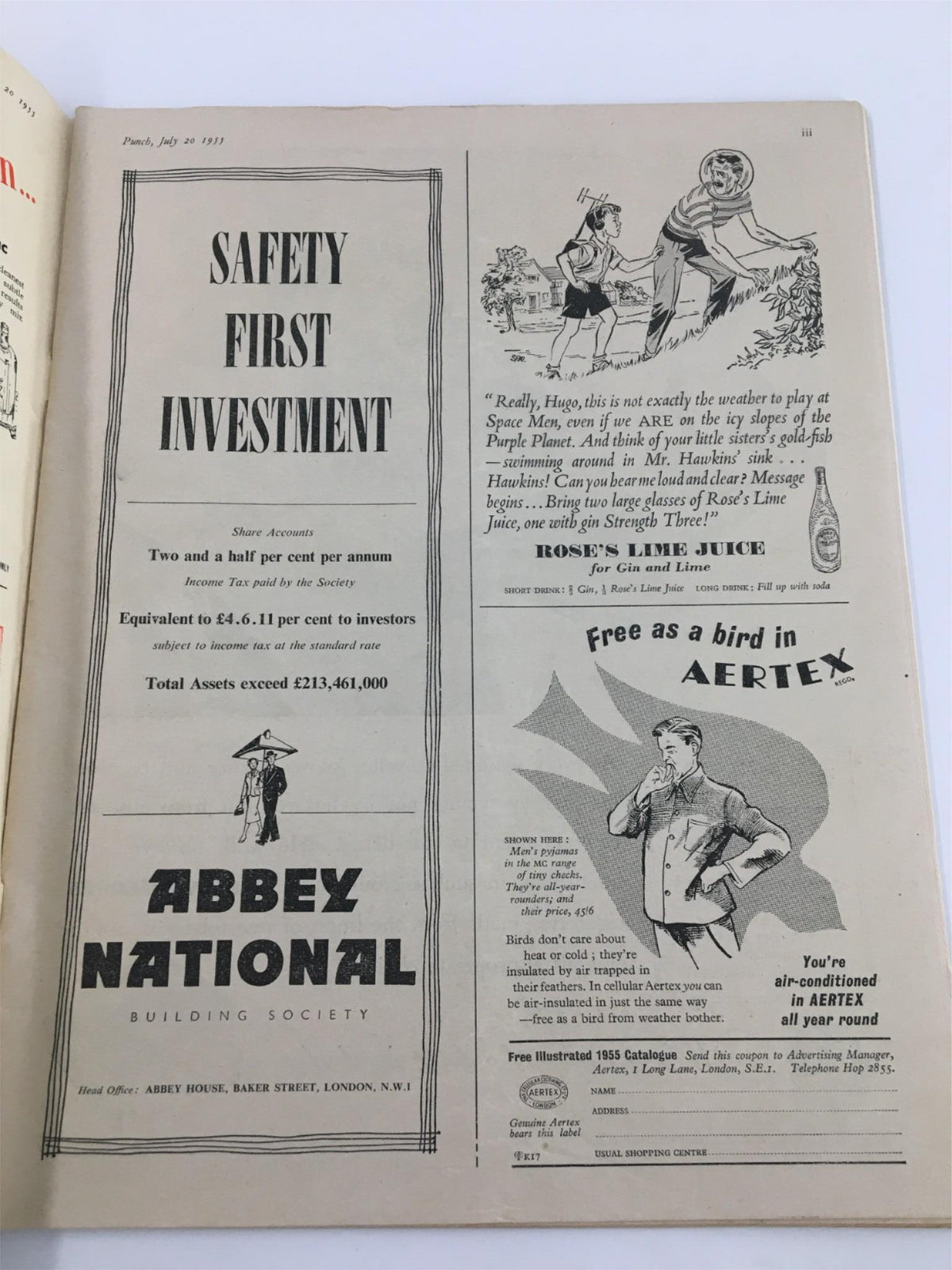 Inside page of the VTG Punch July 20 1955 Cartoon & Humour Magazine featuring advertisements for Abbey National Building Society and Aertex, reflecting post-WWII humor and culture.