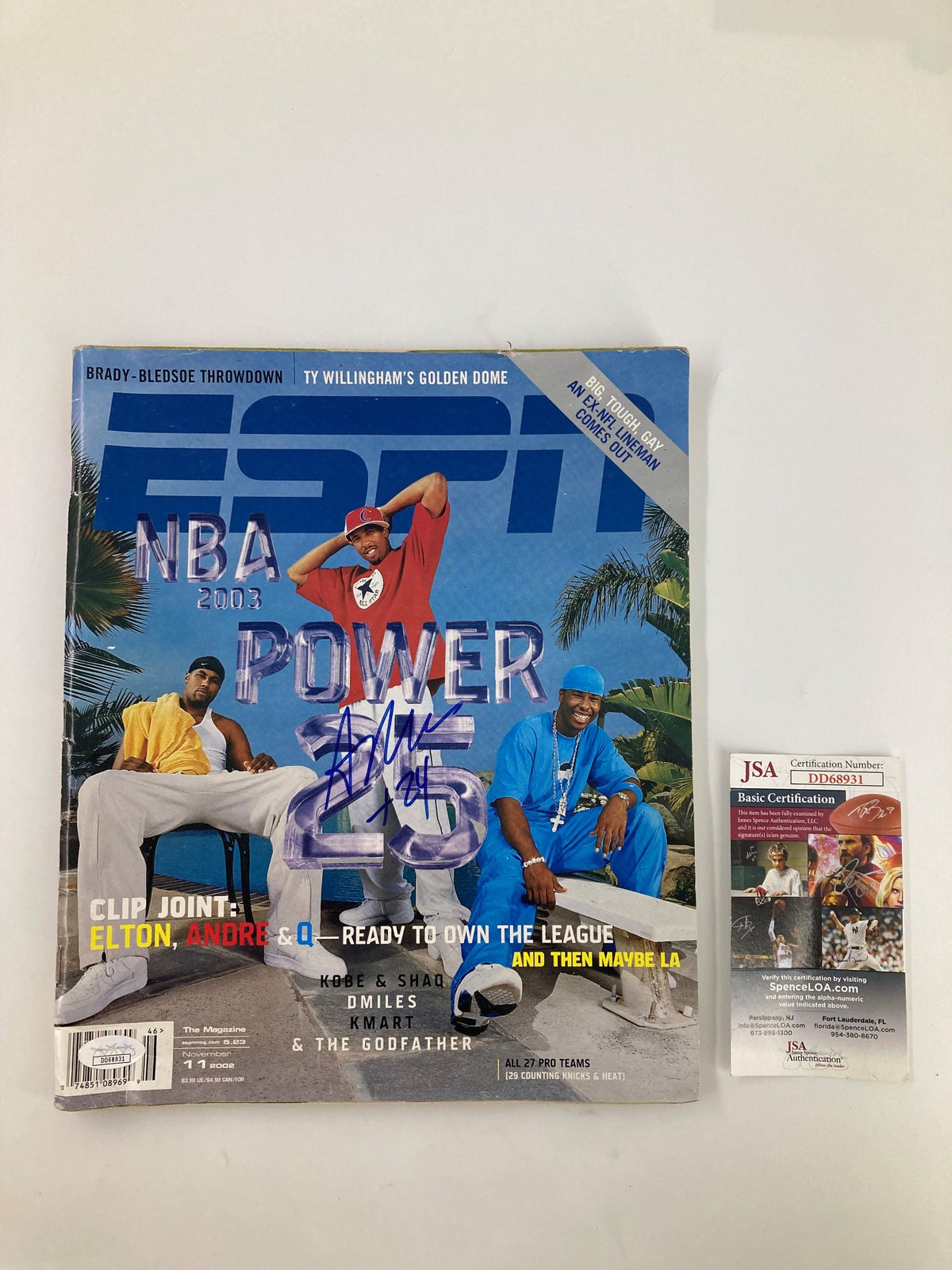 Andre Miller ESPN Magazine November 11 2002 featuring autographed cover, showcasing NBA players with vibrant colors and a JSA certification for authenticity.