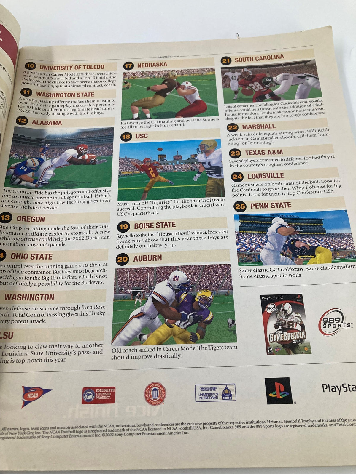 Another inside page of the Andre Miller ESPN Magazine highlighting college football teams and matchups, reflecting the sports landscape during the time.