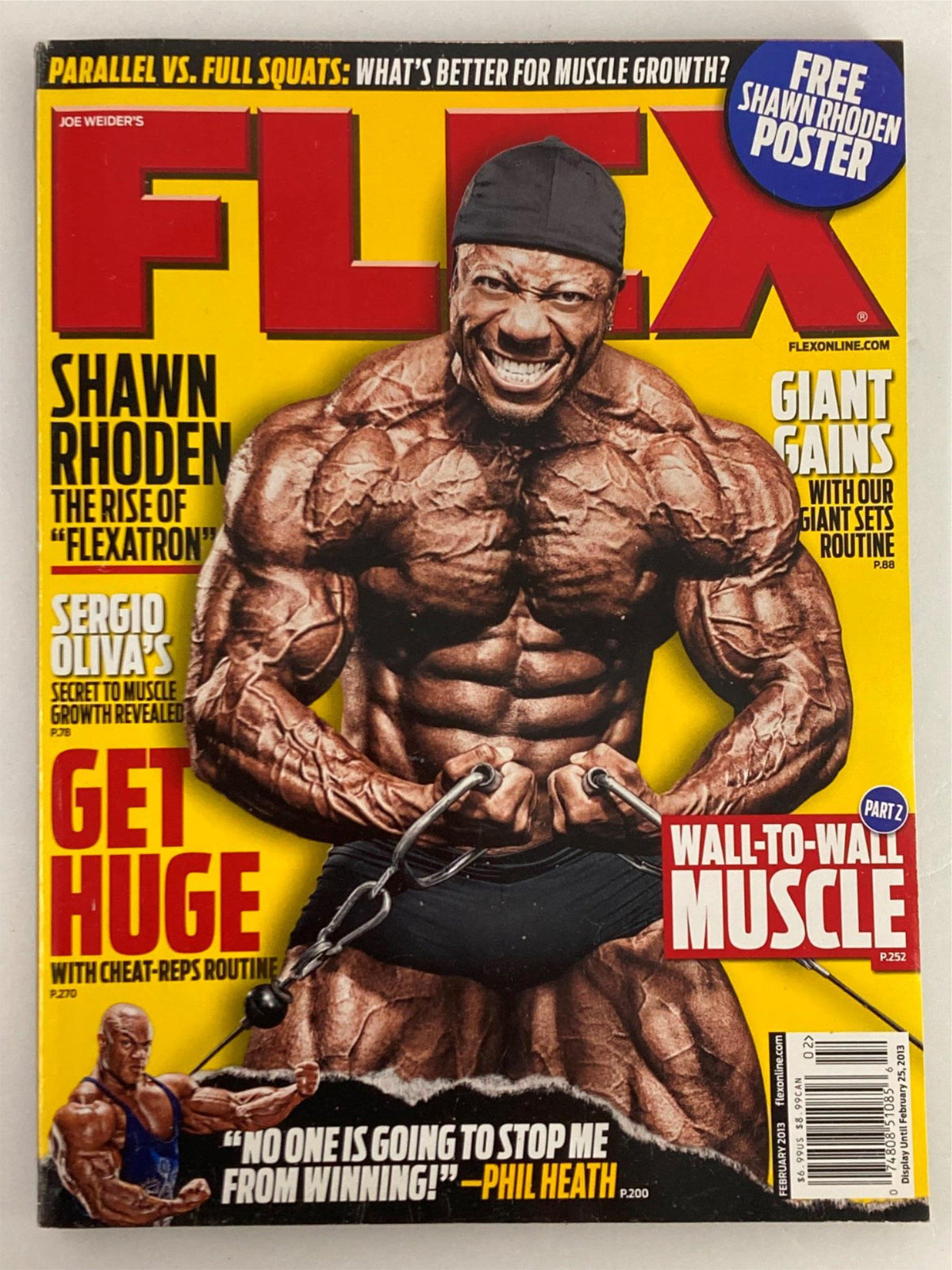 Flex Magazine February 2013 featuring Shawn Rhoden on the cover, highlighting the rise of 'Flexatron' with a stunning physique. The magazine includes a free poster of Shawn Rhoden.