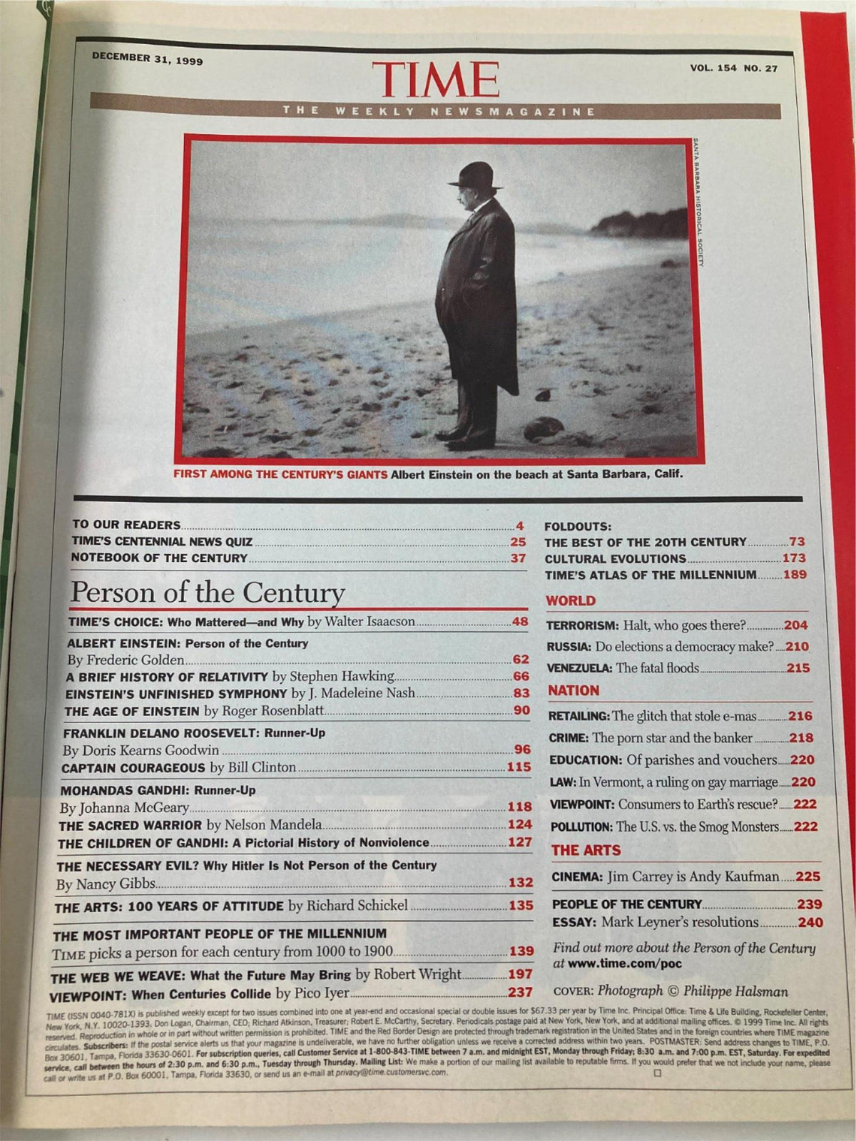 Table of contents from Time Magazine December 31, 1999, Vol 154 #27 featuring Albert Einstein as Person of the Century, showcasing articles and features related to influential figures and events.