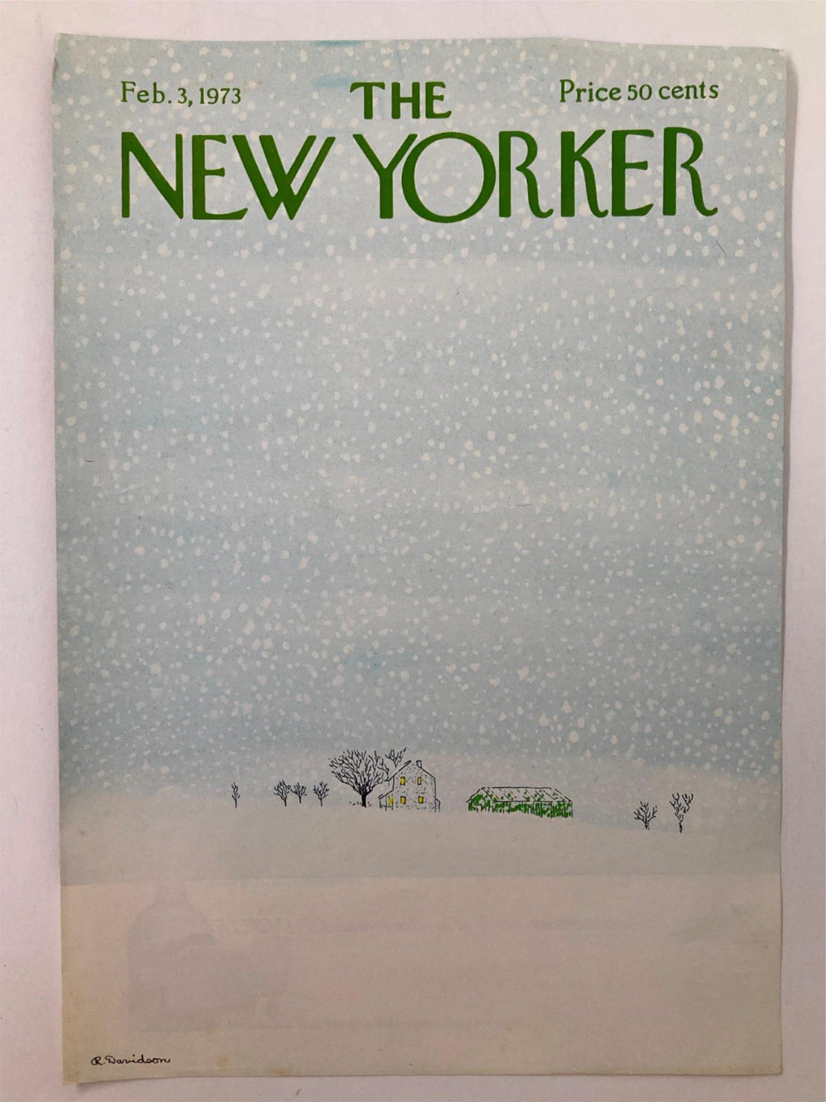 COVER ONLY The New Yorker February 3 1973 Snow Weather by R. Davidson, featuring a snowy landscape with a house and trees, showcasing vintage magazine art.