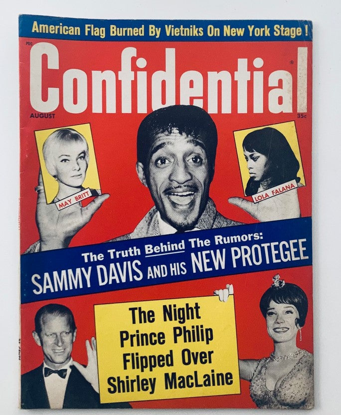 Confidential Magazine August 1966 featuring Sammy Davis Jr. on the cover, showcasing vibrant colors and notable headlines such as 'The Truth Behind The Rumors: Sammy Davis and His New Protegee'.