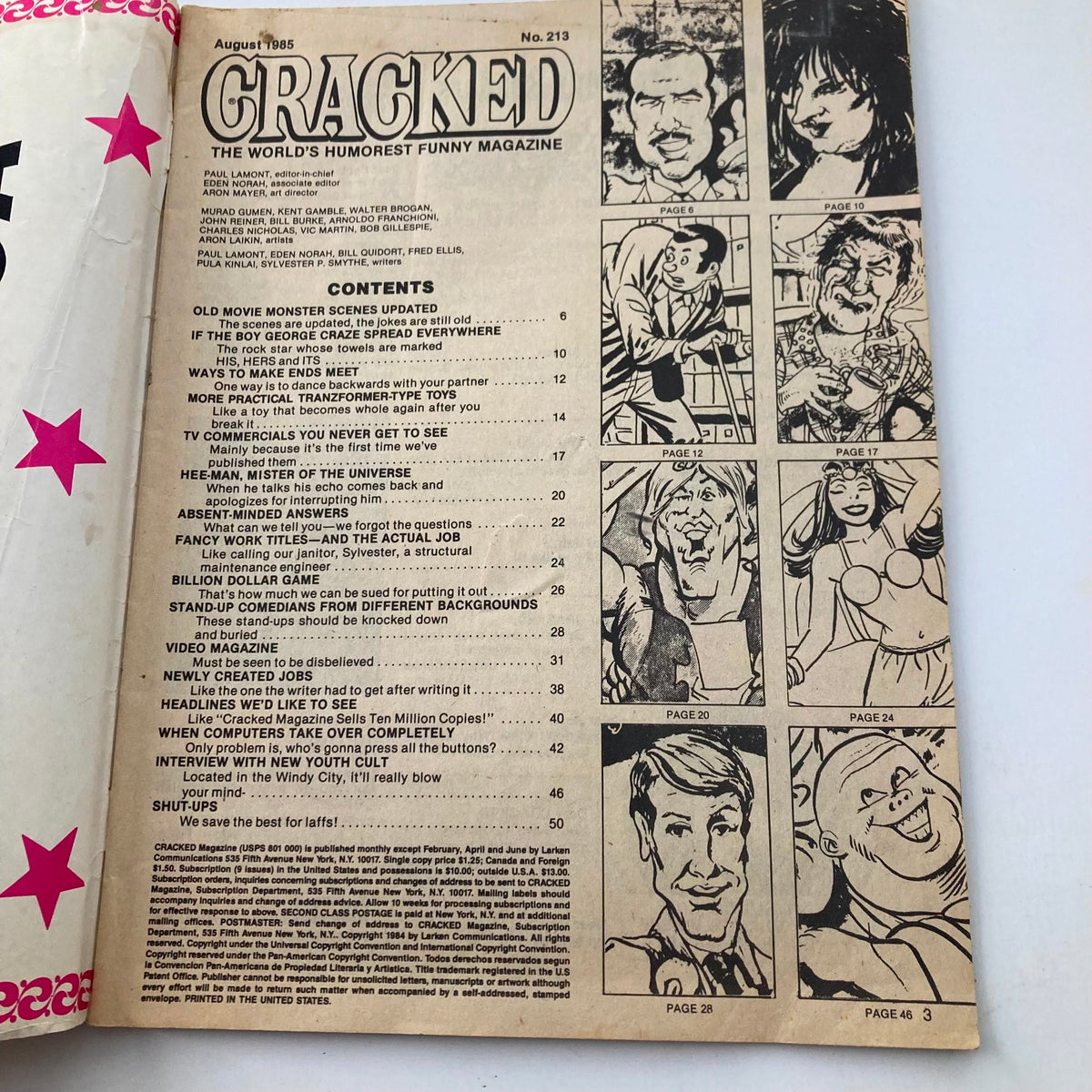Inside spread of VTG Cracked Magazine August 1985 No. 213, showcasing the contents page with humorous illustrations and article titles, highlighting the comedic nature of the magazine.
