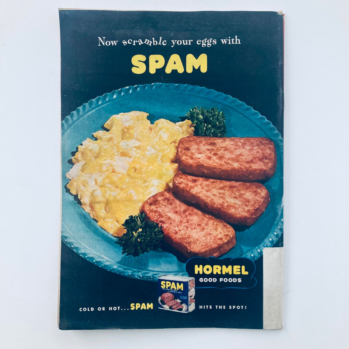 Advertisement page from VTG Time Magazine November 2, 1942, promoting Hormel SPAM, accompanied by a colorful plate of scrambled eggs and SPAM.