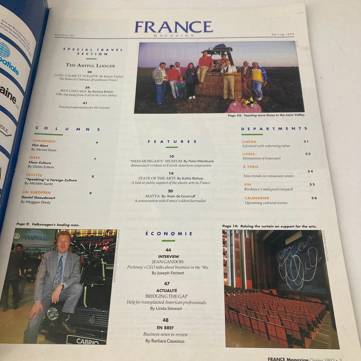 Interior page of France Magazine Spring 1992 No. 22 showcasing the table of contents, focusing on travel features including The Artful Lodger.