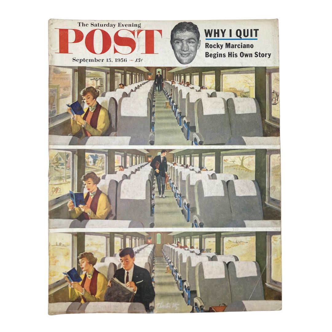 Cover of the Saturday Evening Post Magazine, September 15, 1956 featuring a vibrant illustration titled 'Railroad Coach' by Thornton Utz, showcasing passengers enjoying train travel.