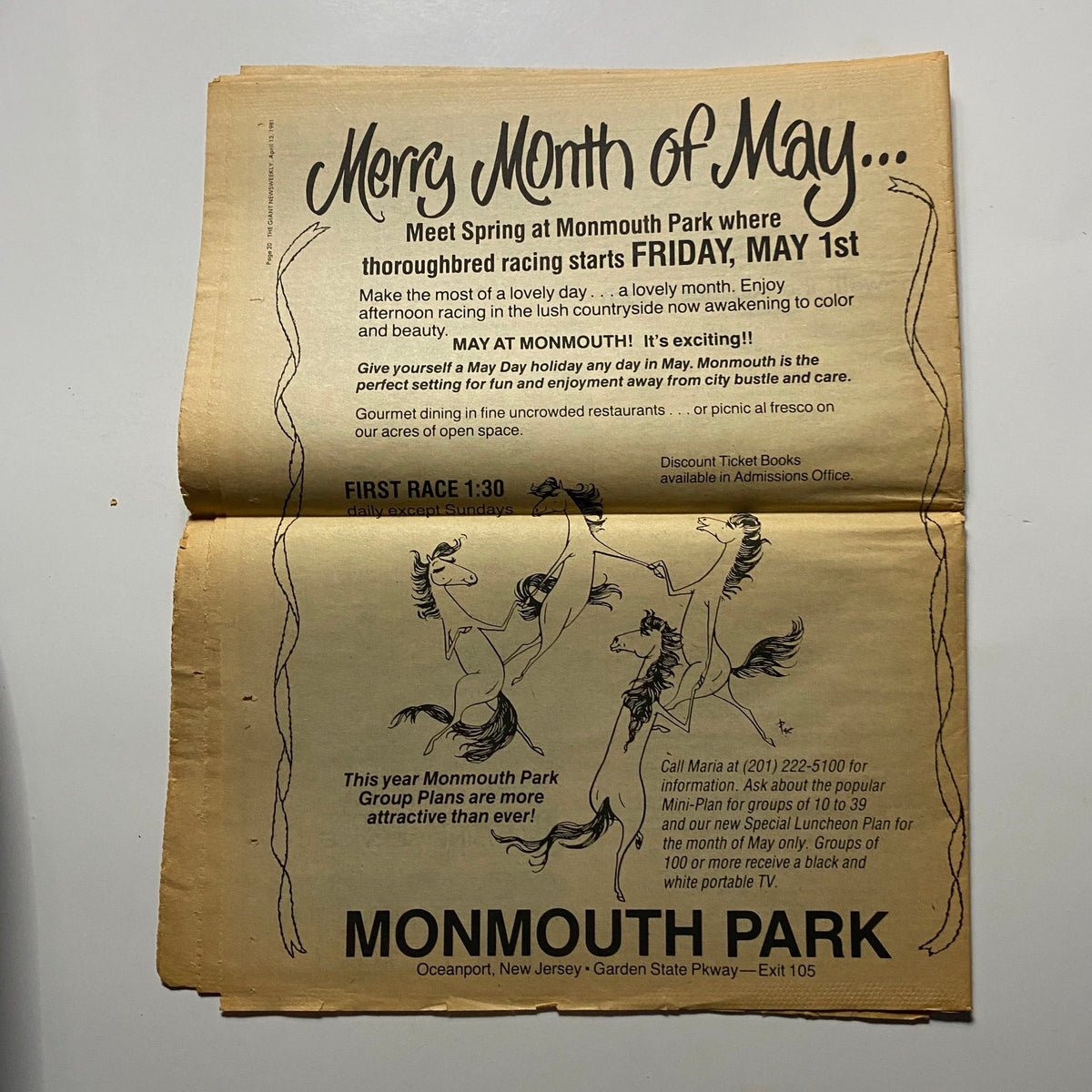 Advertisement for Monmouth Park promoting the start of thoroughbred racing in May, featured in The Giant Newsweekly April 13 1981 Vol 1 No. 1.