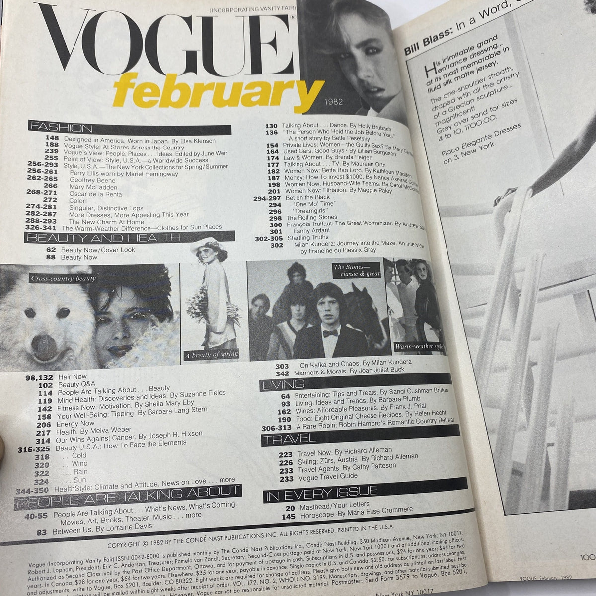 VTG Vogue Magazine February 1982 Mariel Hemingway by Bill King, displaying the magazine's table of contents with various fashion and lifestyle articles for the month.
