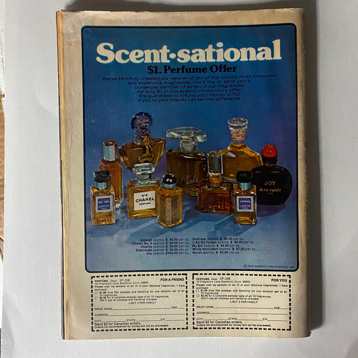 Vintage advertisement for Scent-sational perfume offer featuring various perfume bottles, including Chanel No. 5, from the Hit Parader magazine April 1976 No. 141 Bryan Ferry w Centerfold. This ad promotes a sampler of popular fragrances.