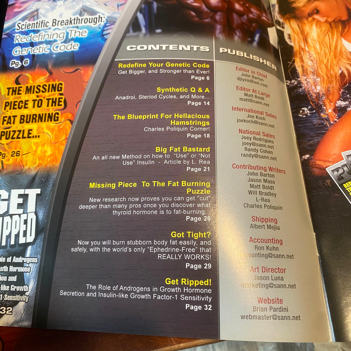 Table of contents from Pumped Magazine August 2003, highlighting articles on genetics, fitness strategies, and bodybuilding, emphasizing its focus on 'Redefining The Genetic Code'.