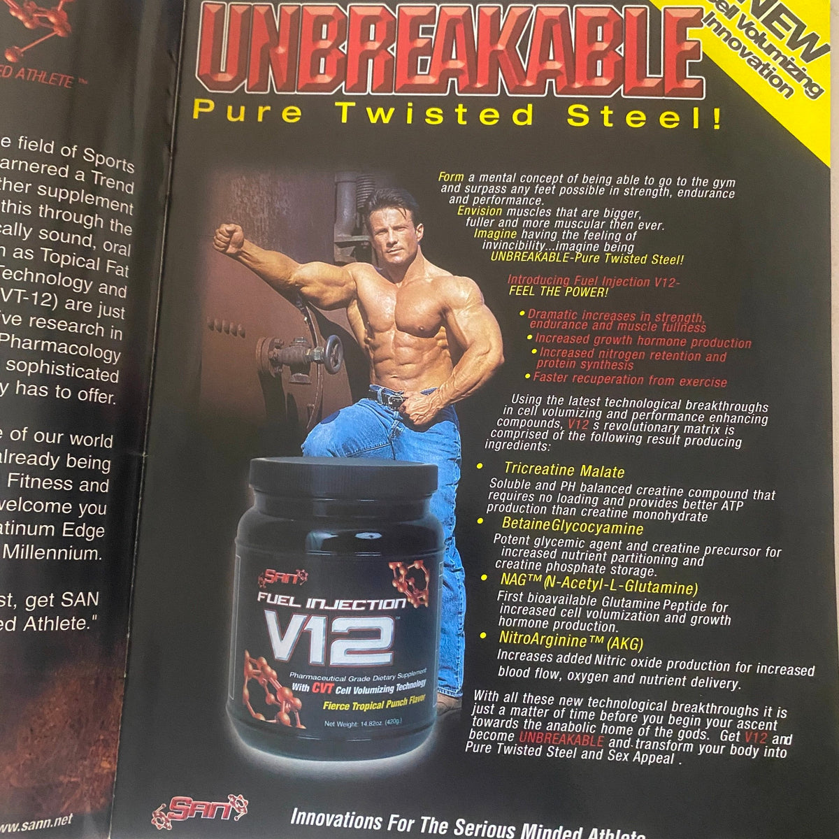 Pumped Magazine Anabolic Cell Volumizing Technology VG No Label interior page highlighting 'UNBREAKABLE' with an image of a muscular male athlete next to V12 supplement.