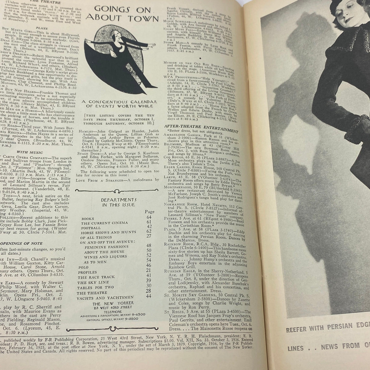 Goings on About Town section from The New Yorker Complete Magazine October 3, 1936, featuring cultural events and entertainment listings.