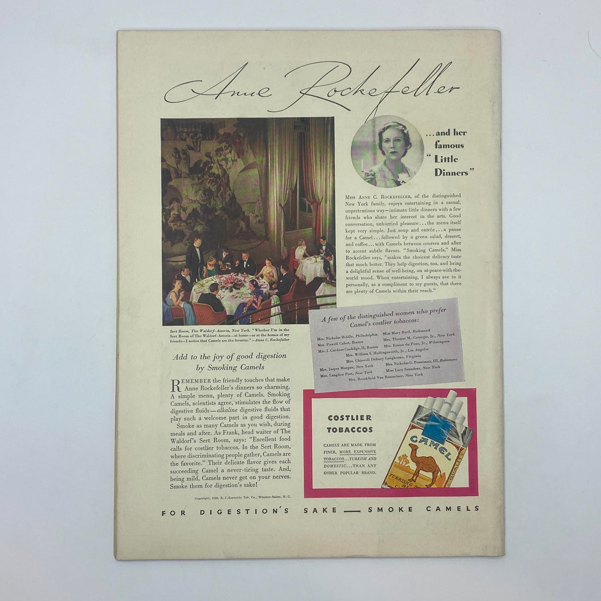 Vintage advertisement for Camel cigarettes featuring Anne Rockefeller in The New Yorker Complete Magazine October 3, 1936.