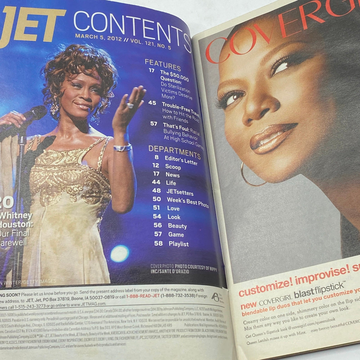 Jet Magazine March 5, 2012 Vol 121 No. 5 featuring Whitney Houston on stage, highlighting her iconic performance and contributions to music.