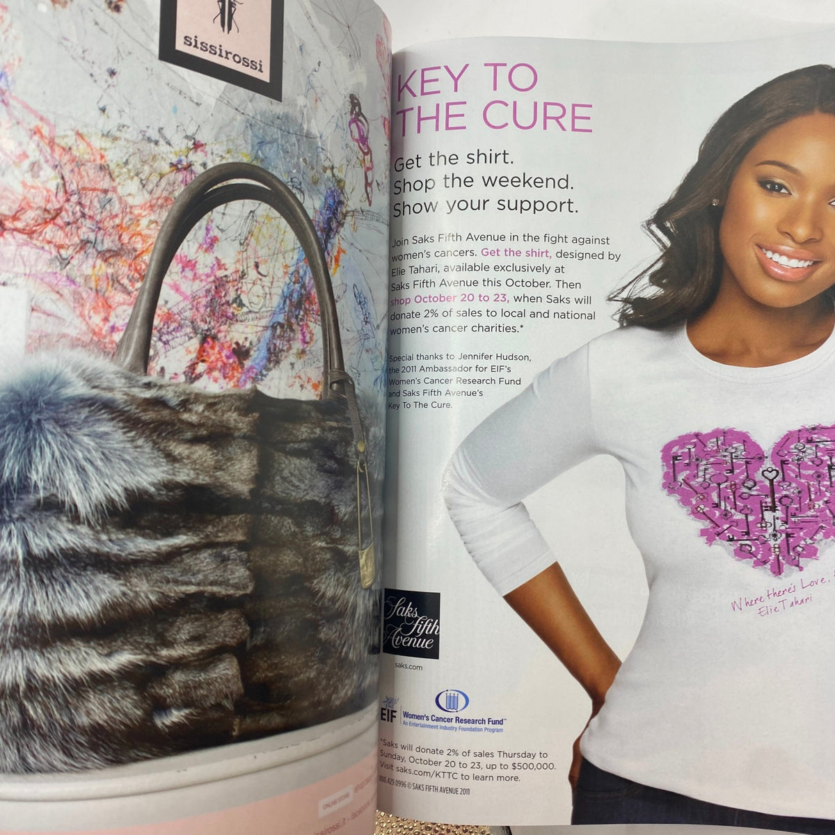 Advertisement featuring a stylish handbag and a woman wearing a heart-themed shirt, promoting breast cancer awareness in Harper's Bazaar Magazine October 2011 Lady Gaga Cover.