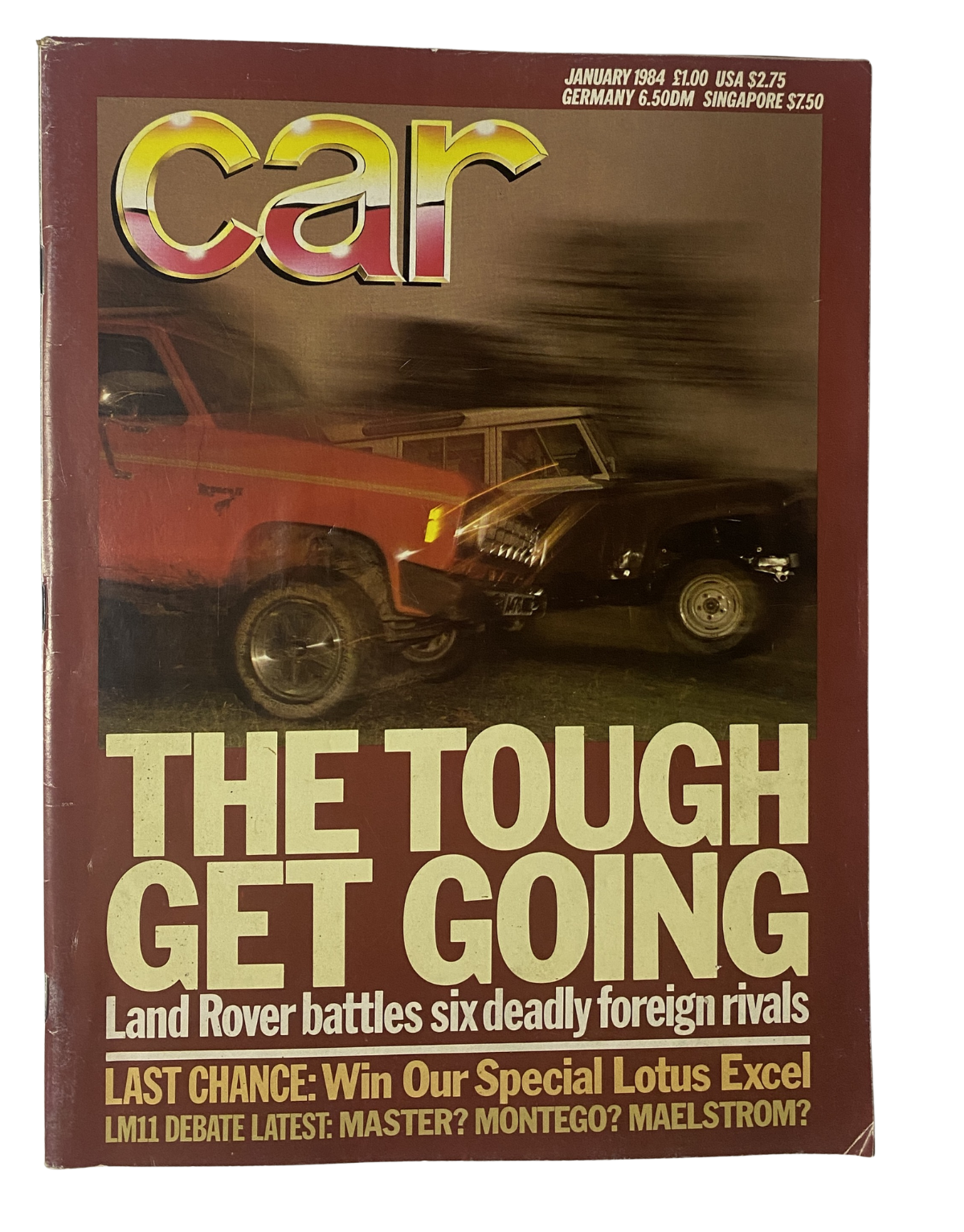 CAR Magazine January 1984 cover featuring a Land Rover battling various foreign rivals with the title 'THE TOUGH GET GOING'. Highlights a comparative test between the Land Rover and six competing 4x4 vehicles.