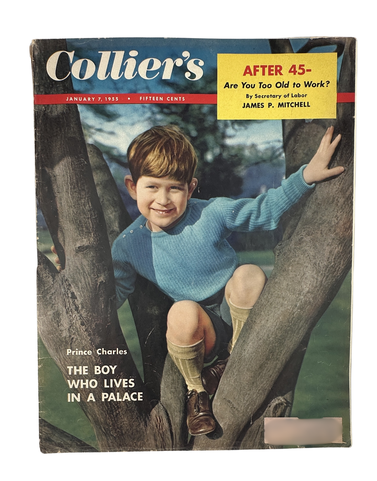 Collier’s Magazine January 7, 1955 cover featuring Prince Charles sitting on a tree, showing the headline 'THE BOY WHO LIVES IN A PALACE' and a sidebar question about age and work.