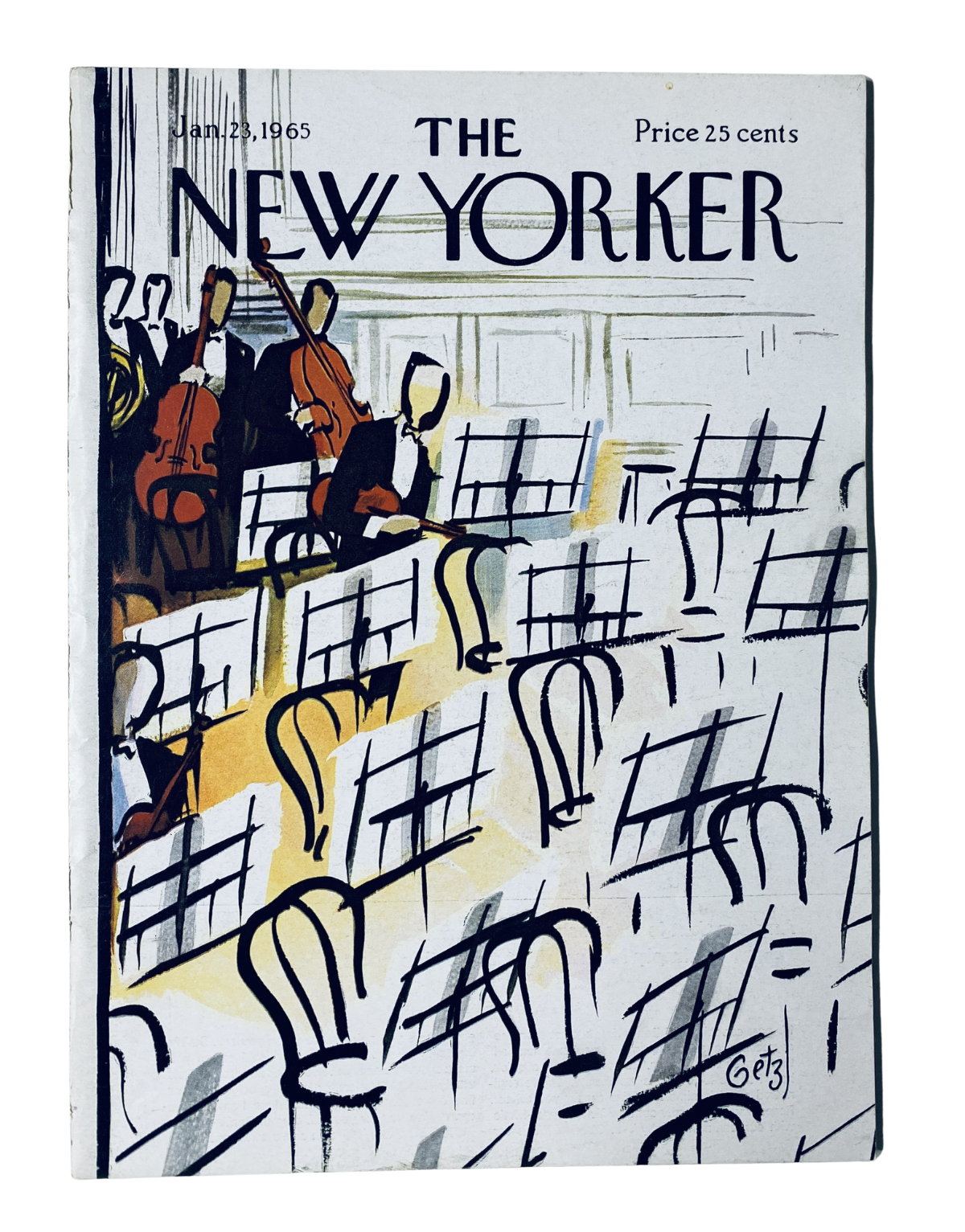 Cover of The New Yorker magazine, January 23, 1965, featuring an illustration by Arthur Getz depicting an orchestra rehearsal with musicians and empty music stands.