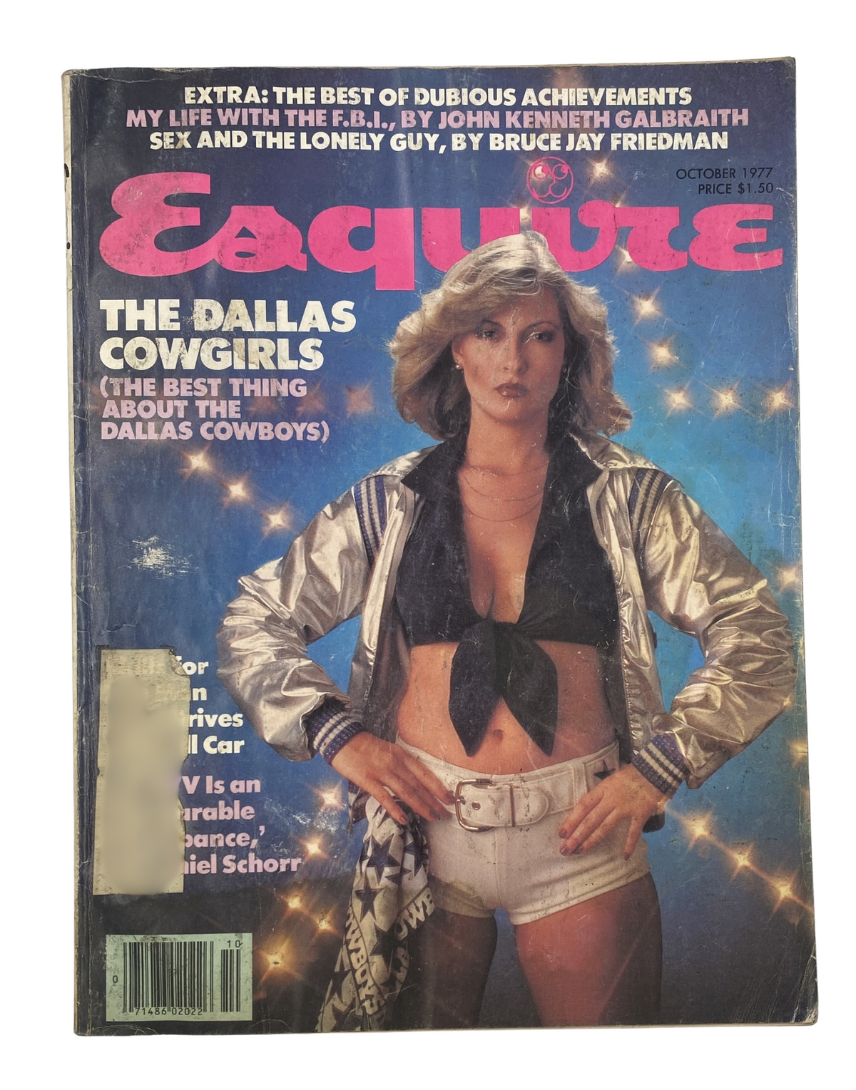Esquire Magazine October 1977 cover featuring a model in a Dallas Cowboys themed outfit, representing the Dallas Cowgirls, highlights prominent articles including John Kenneth Galbraith and FBI.